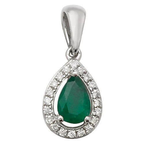 9ct White Gold Emerald and Diamond Pear Halo Pendant