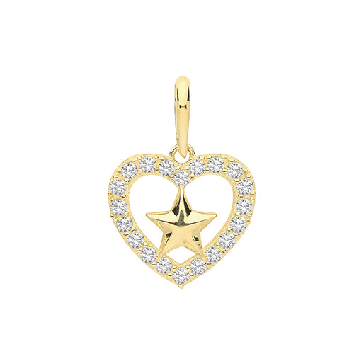 Ladies 9CT Gold Cz Heart & Star Charm Pendant & Chain