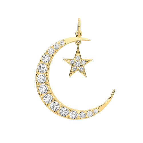 9ct Gold Star And Moon Cz Pendant