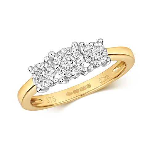 9ct  Gold 3 Stone Illusion Set Diamond Engagement Ring