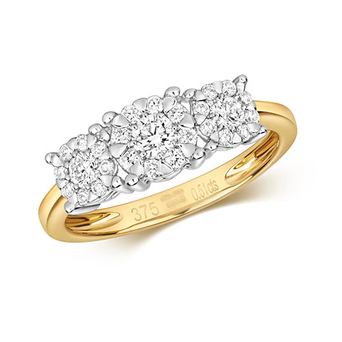 9ct Gold 3 Stone Illusion Set Diamond Engagement Ring