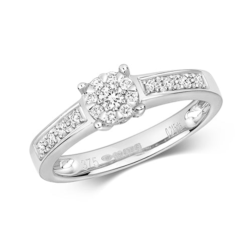9ct White Gold Illusion Set Shoulder Diamond Engagement Ring