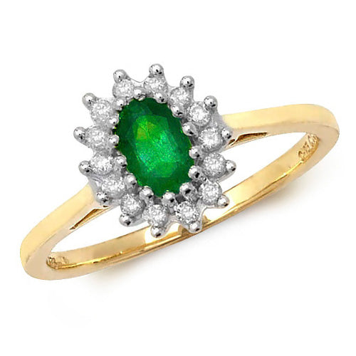 9 ct Gold Emerald And Diamond Oval Cluster Dress Ring