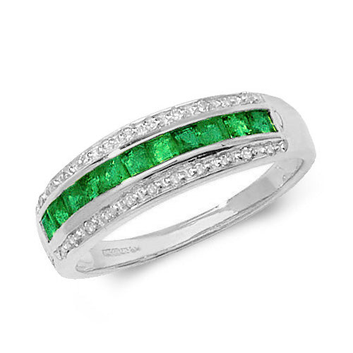 Emerald and Diamond 9ct White Gold Ladies Dress Ring