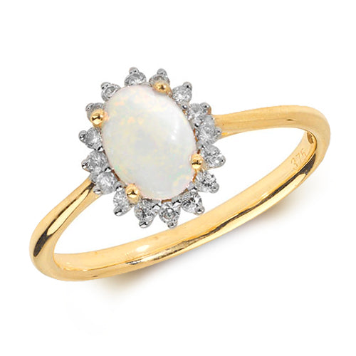 Ladies 9ct Yellow Gold Opal And Diamond Cluster Ring