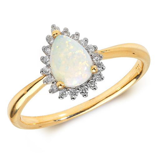 Ladies 9ct Yellow Gold Pear Shaped Opal And Diamond Cluster Ring