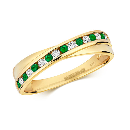 Ladies Emerald and Diamond Cross Over Eternity Style Ring