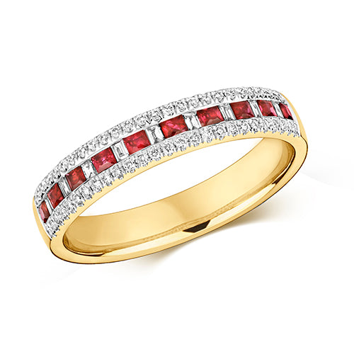 Ladies 9ct Yellow Gold Square Cut Ruby And Brilliant Cut Diamond Ring
