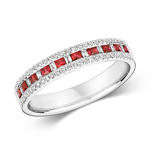 Ladies 9ct White Gold Square Cut Ruby And Brilliant Cut Diamond Ring