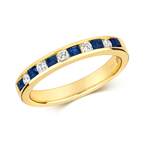 Ladies 9ct Yellow Gold Square Cut Sapphire And Diamond Eternity Ring