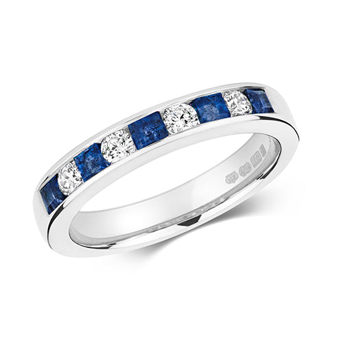ladies 9ct White Gold Square Cut Sapphire And Diamond Eternity Ring