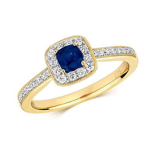 9ct Yellow Gold Sapphire And Diamond Halo Cluster Ring