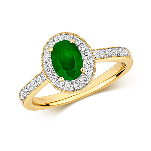 Ladies 18ct Yellow Gold Oval Cut Emerald And Diamond Halo Cluster Ring