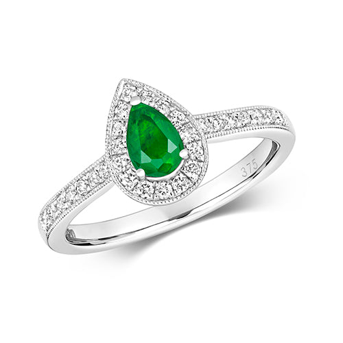 9ct White Gold Diamond And Pear Cut Emerald Ladies Ring