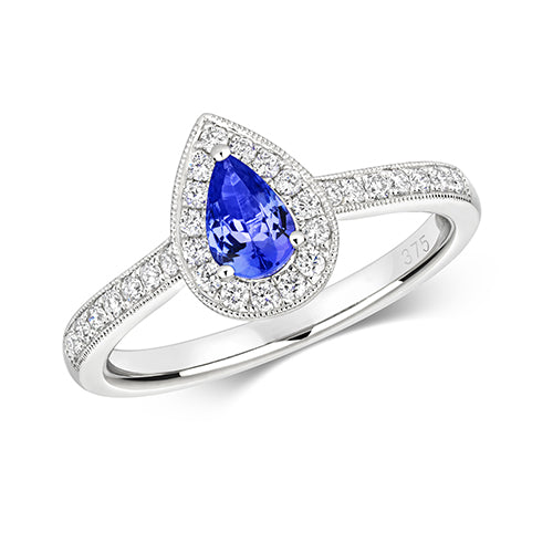 Ladies 9ct White Gold pear Cut Tanzanite And Diamond Halo Cluster Ring