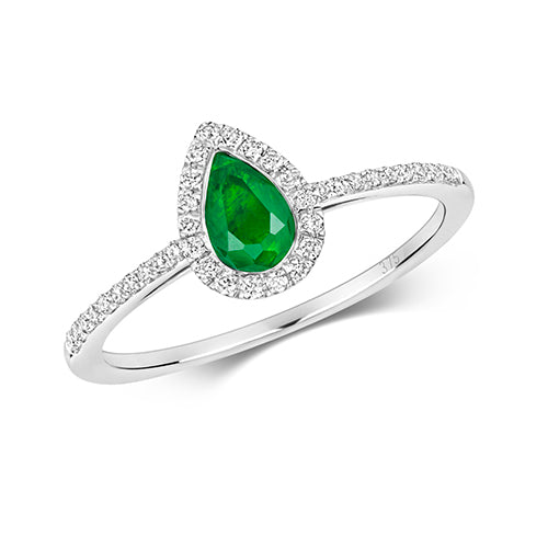 Ladies 9ct White gold pear Cut Emerald And Diamond Halo Cluster Ring