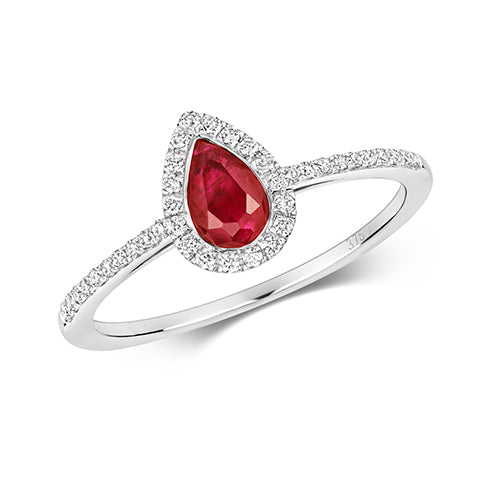 Ladies 9ct White gold pear Cut Ruby And Diamond Halo Cluster Ring