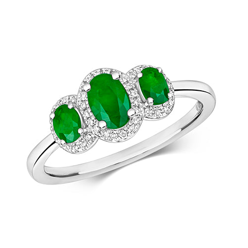Ladies 9ct White Triple Oval Cut Emerald And Diamond Halo Cluster Ring