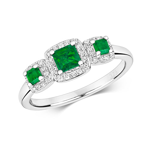 9ct White Gold Square Cut Emerald Triple Halo Cluster Ladies Ring