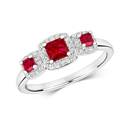 9ct White Gold Square Cut Ruby Triple Halo Cluster Ladies Ring
