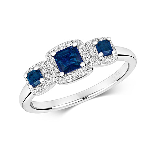 Ladies 9ct White Gold Square Cut Sapphire Triple Halo Cluster Ring