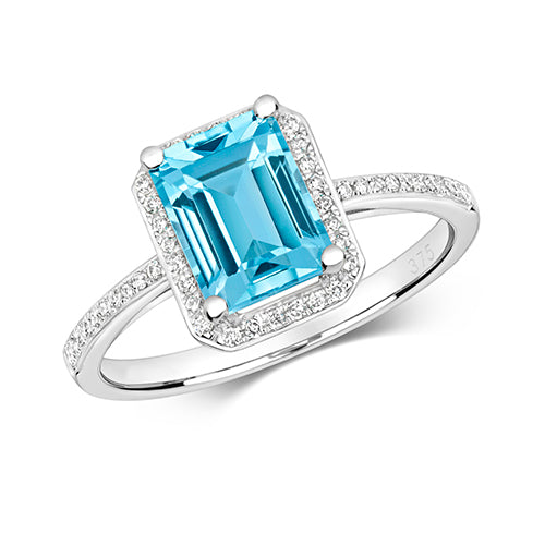 Ladies Emerald Cut Blue Topaz And Diamond Cluster Ring