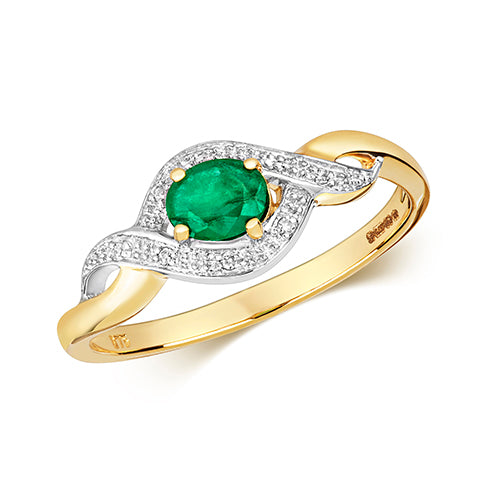 9ct Yellow Gold Emerald And Diamond Ladies Dress Ring