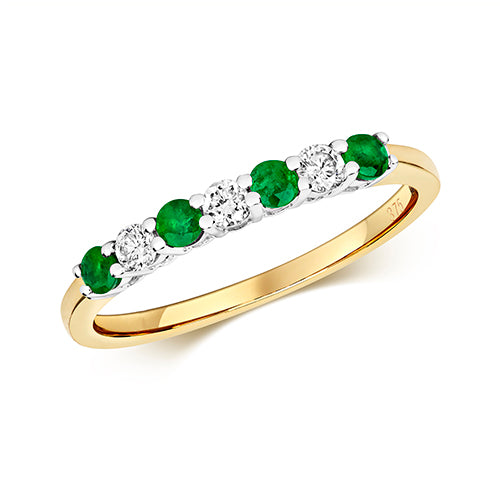 9ct Yellow Gold Claw Set Ladies Diamond And Emerald Eternity Ring