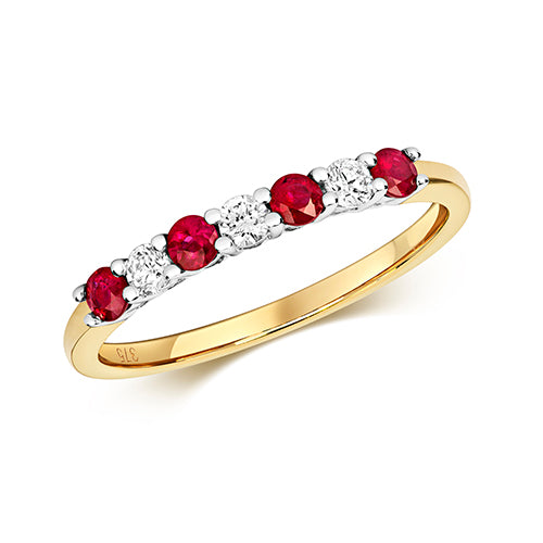 9ct Yellow Gold Claw Set Ladies Diamond And Ruby Eternity Ring