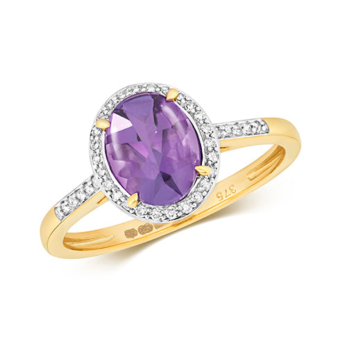 Amethyst and Diamond Halo Cluster Gold Ring.