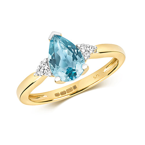 Pear Shaped Blue Topaz And Diamond 9ct Yellow Gold Ring
