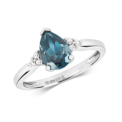 Pear Shaped Blue Topaz And Diamond White Gold Ring