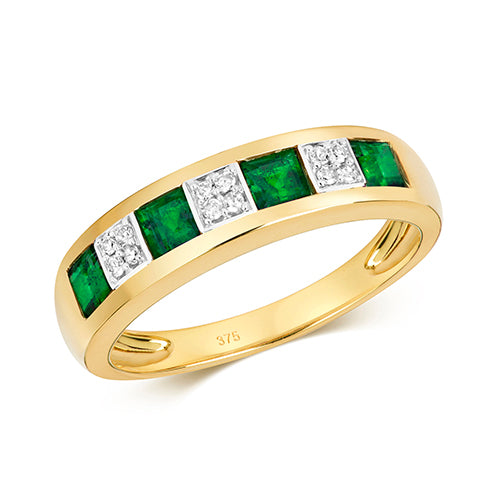 9ct Yellow Gold Square Cut Emerald And Diamond Eternity Style dress Ring