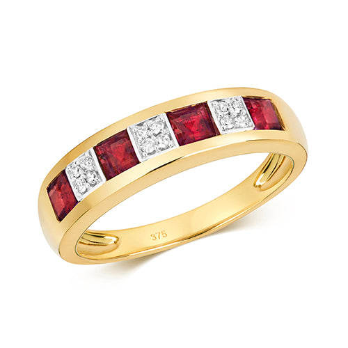 9ct Yellow Gold Square Cut Ruby And Diamond Eternity Style dress Ring