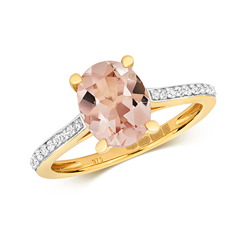 9ct Yellow Gold Oval Cut Morganite And Diamond Ladies Ring