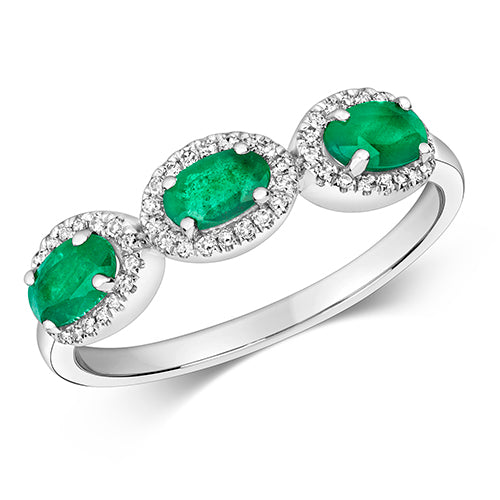Ladies 9ct White Gold Triple Oval Cluster Emerald And Diamond Ring