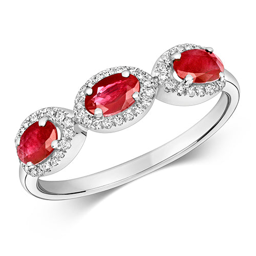 Ladies 9ct White Gold Triple Oval Cluster Ruby And Diamond Ring