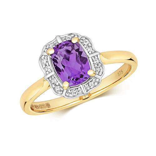 9ct Yellow Gold Vintage Style Amethyst And Diamond Cluster Ring