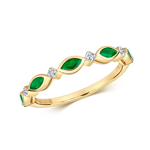 9ct Yellow Gold Marquise Shaped Emerald And Diamond Eternity Ring