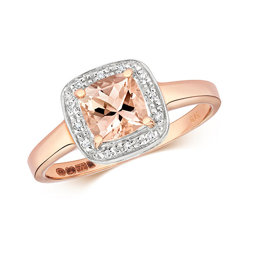 9ct rose Gold Cushion Cut Morganite And Diamond Halo Cluster Ring