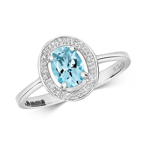 Aquamarine And Diamond Halo Cluster Ring