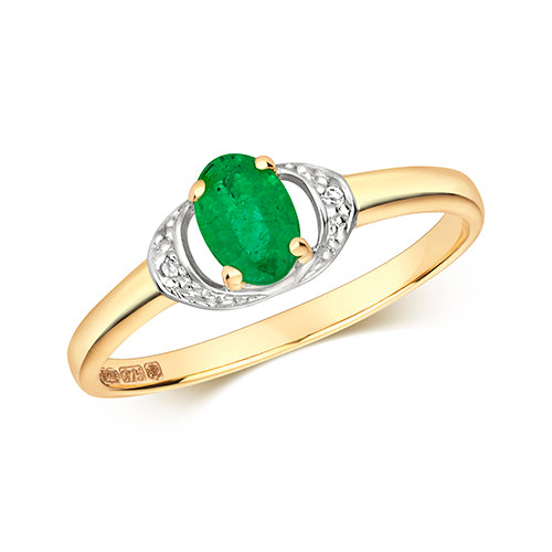 9ct Yellow Gold Oval Cut Emerald And Diamond Dress Ring