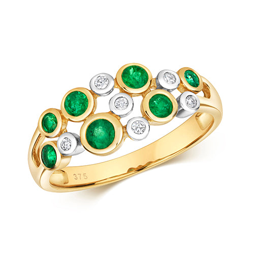 Ladies 9ct Yellow Gold Diamond And Emerald Rub Over Bubble Ring