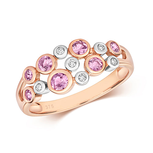 Ladies 9ct Rose Gold Pink Sapphire And Diamond Bubble Ring