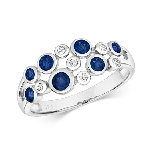 Ladies 9ct White Gold Diamond And Sapphire Bubble Ring