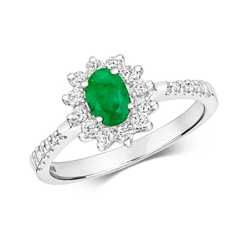 Ladies 9ct White Gold Diamond And Emerald Cluster Ring With Diamond Set Shoulders