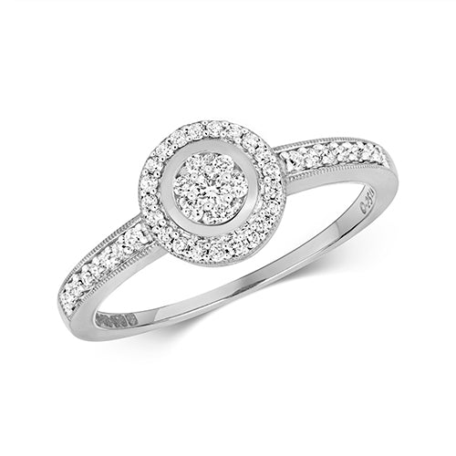 9ct White Gold Ladies Diamond Halo Cluster Engagement Ring