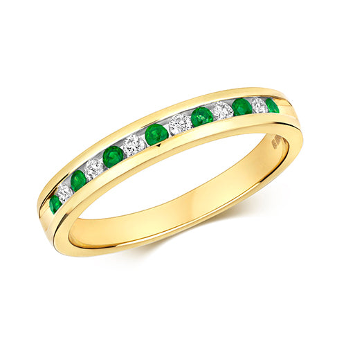 Ladies 9ct Yellow Gold Channel Set Emerald And Diamond Eternity Ring