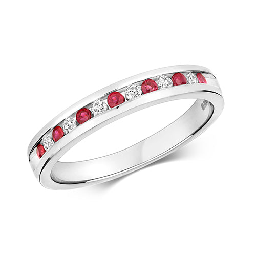 Ladies 9ct White Gold Channel Set Ruby And Diamond Eternity Ring