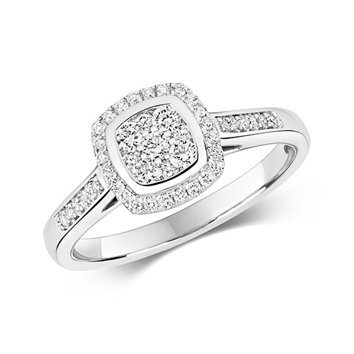 White Gold Cushion Shaped Halo Diamond Cluster Engagement Ring